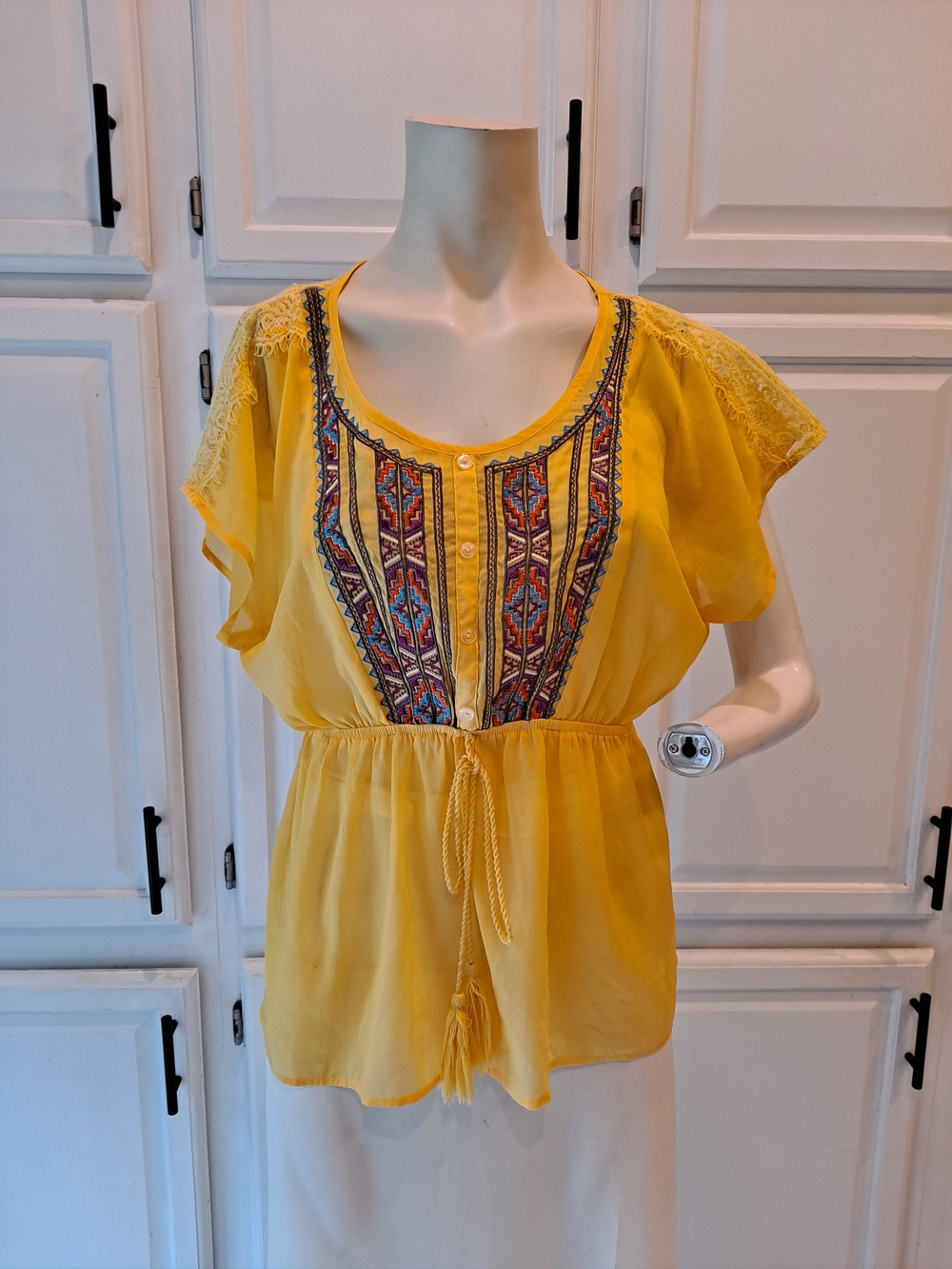 Flying Tomato Vibrant Yellow Embroidered Tie-Waist Peasant Blouse W/Lace Panel